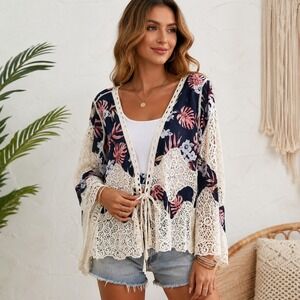 Boho Crocheted Mixed Media Cardigan XL Indie Concert Flare Sleeve Front Tie‎